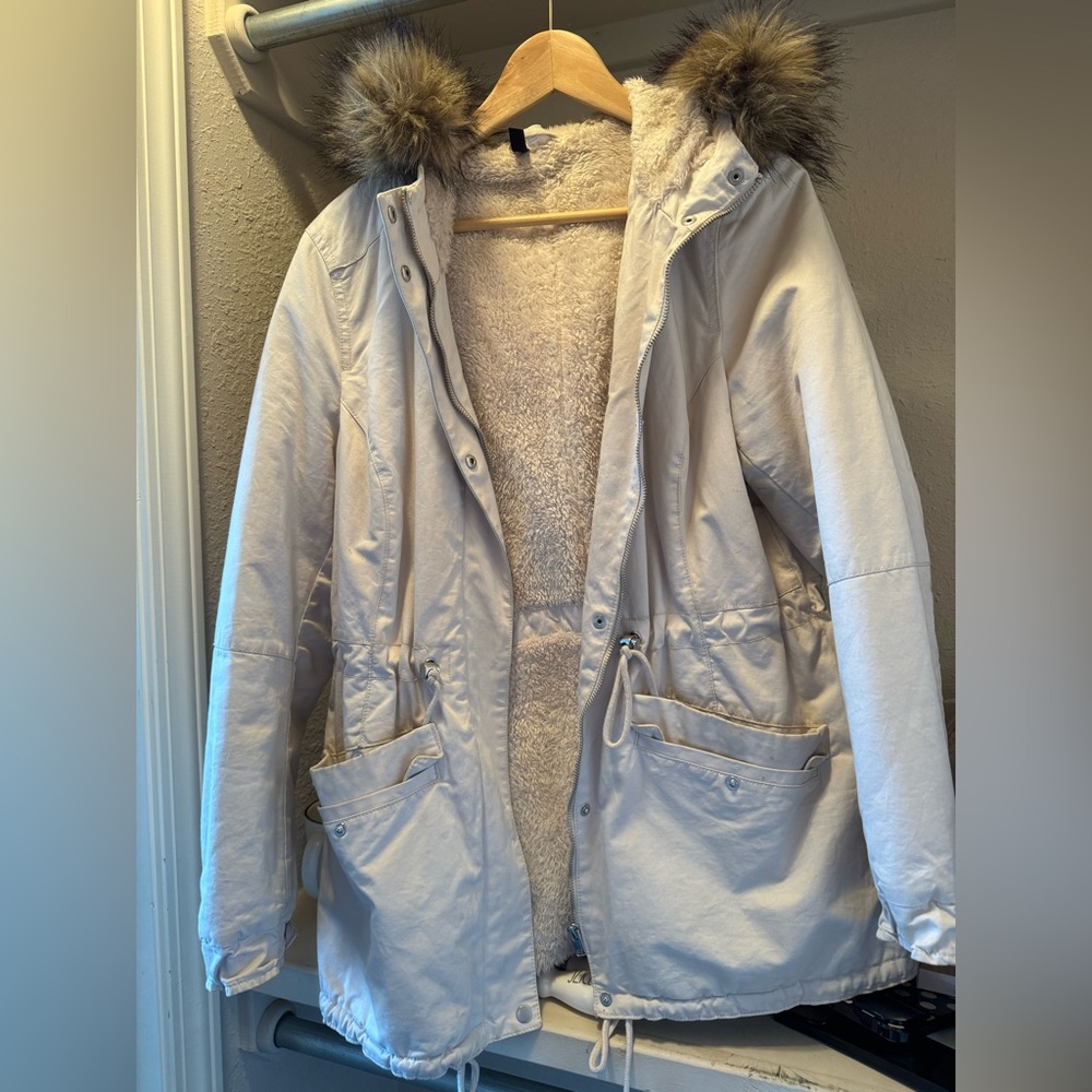 H&M Cream Utility Jacket with Faux Fur Hood
